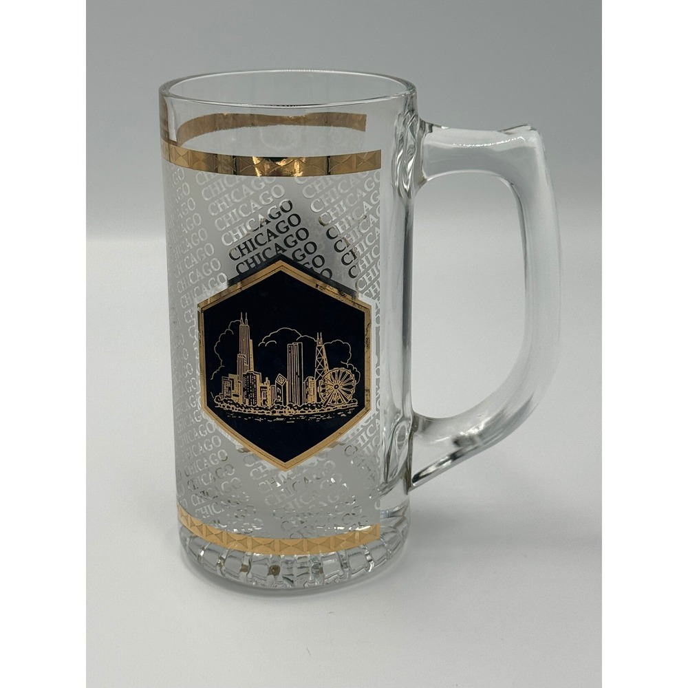 Vintage Chicago Skyline Beer Stein Glass Mug Gold Black Souvenir Barware